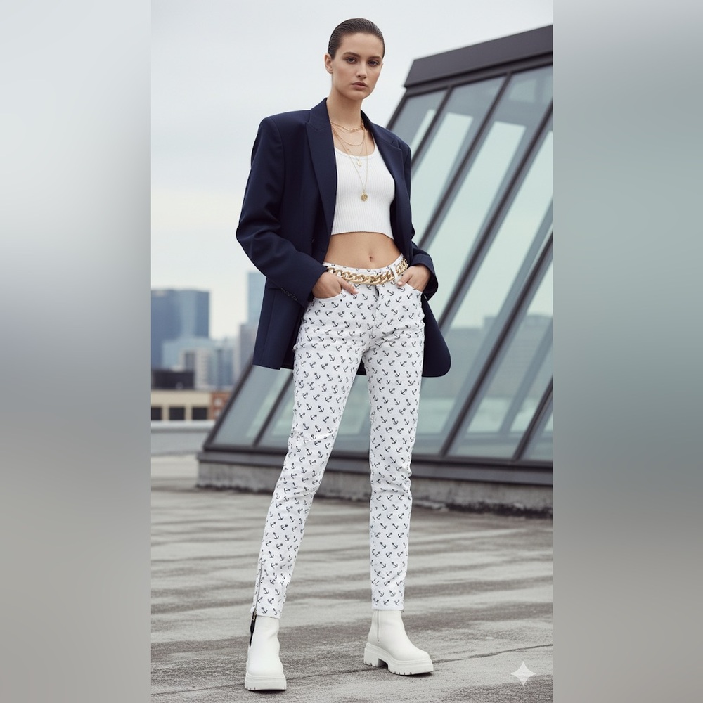 By Malene Birger Nautical Anchor Print Trousers stretchy jeans white and navy